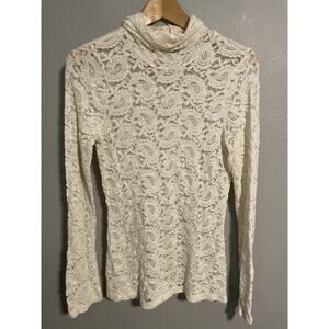 Vintage Karen Kane Womens Top XL White Paisley Lace Mesh Stretch Sheer Victorian